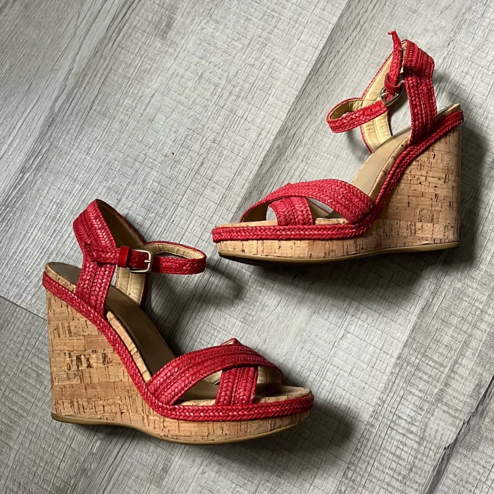 STUART WEITZMAN Minx Espadrille Cork Raffia Red Wedge Sandals 6.5 - Picture 8 of 15